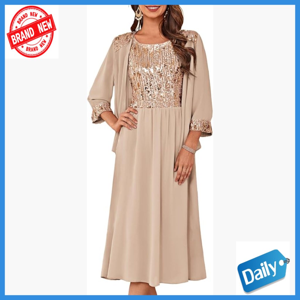 Two Piece Sequin Formal Dress With Jacket, Tea Length A-Line
